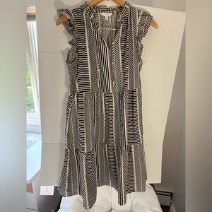 Striped Black and Cream Tiered Midi Dress